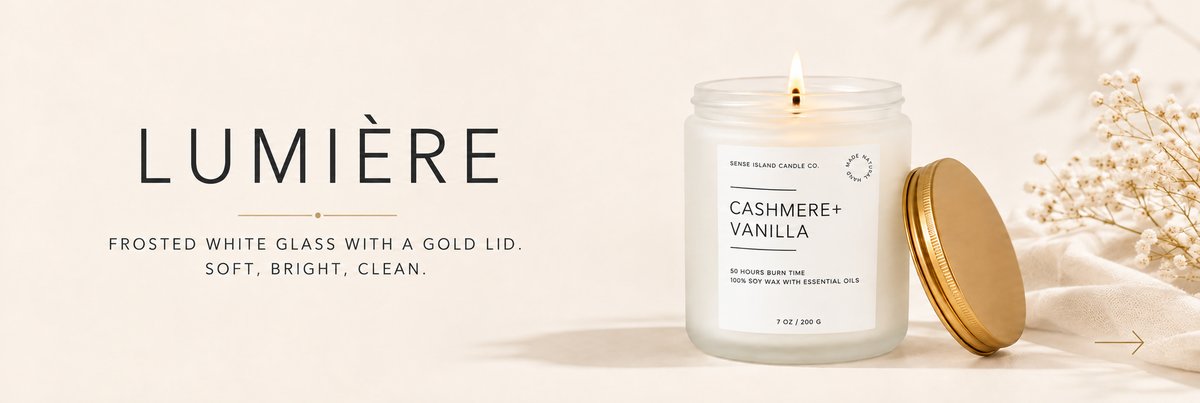 Lumière – Frosted glass, a gold lid. Soft, luminous scents for rooms full of light.
