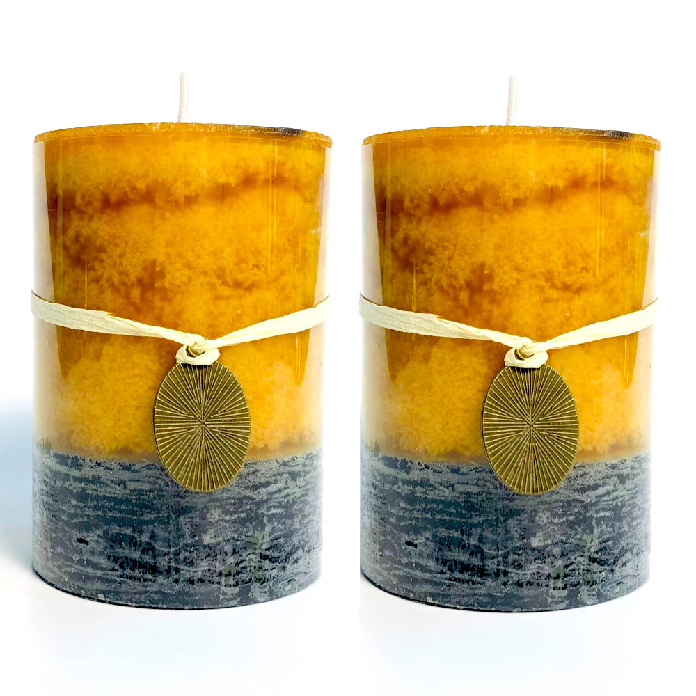 Mottled Pillar Candles 3x4''- Set of 2 | Rustic Home Decor | Lemongrass Mild Fragrance (2 Pack, Yellow)
