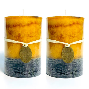 Mottled Pillar Candles 3x4''- Set of 2 | Rustic Home Decor | Lemongrass Mild Fragrance (2 Pack, Yellow)