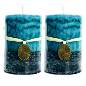 Mottled Pillar Candles 3x4''- Set of 2 | Rustic Home Decor | Ocean Breeze Mild Fragrance (2 Pack, Blue)