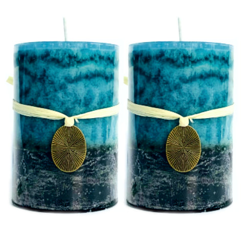Mottled Pillar Candles 3x4''- Set of 2 | Rustic Home Decor | Ocean Breeze Mild Fragrance (2 Pack, Blue)