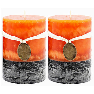 Mottled Pillar Candles 3x4''- Set of 2 | Rustic Home Decor | Orange Citrus Mild Fragrance (2 Pack, Orange)
