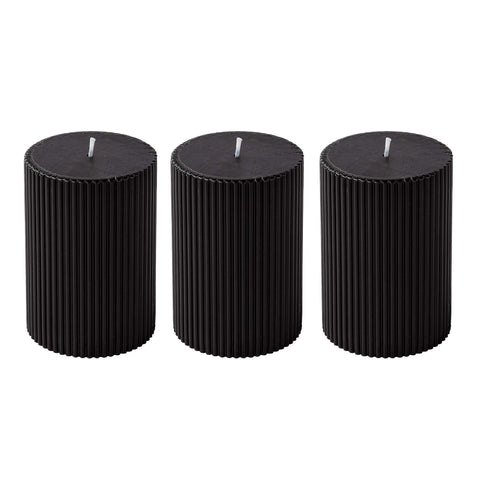 Ribbed Pillar Candles 3x4'' UnscentedModern Home Décor Handmade (3 Packs, Black)