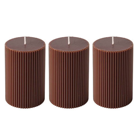 Ribbed Pillar Candles 3x4'' Unscented Modern Home Décor Handmade (3 Packs, Brown)
