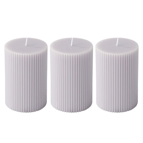 Ribbed Pillar Candles 3x4'' Unscented Modern Home Décor Handmade (3 Packs, Light Gray)