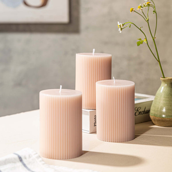 Ribbed Pillar Candles 3x4'' Unscented Modern Home Décor Handmade (3 Packs, Whisper Pink)