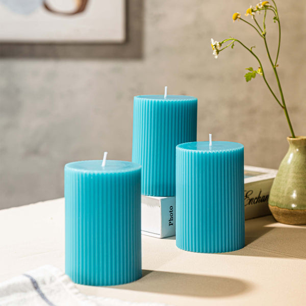 Ribbed Pillar Candles 3x4'' Unscented Modern Home Décor Handmade (3 Packs, Turquoise Teal)